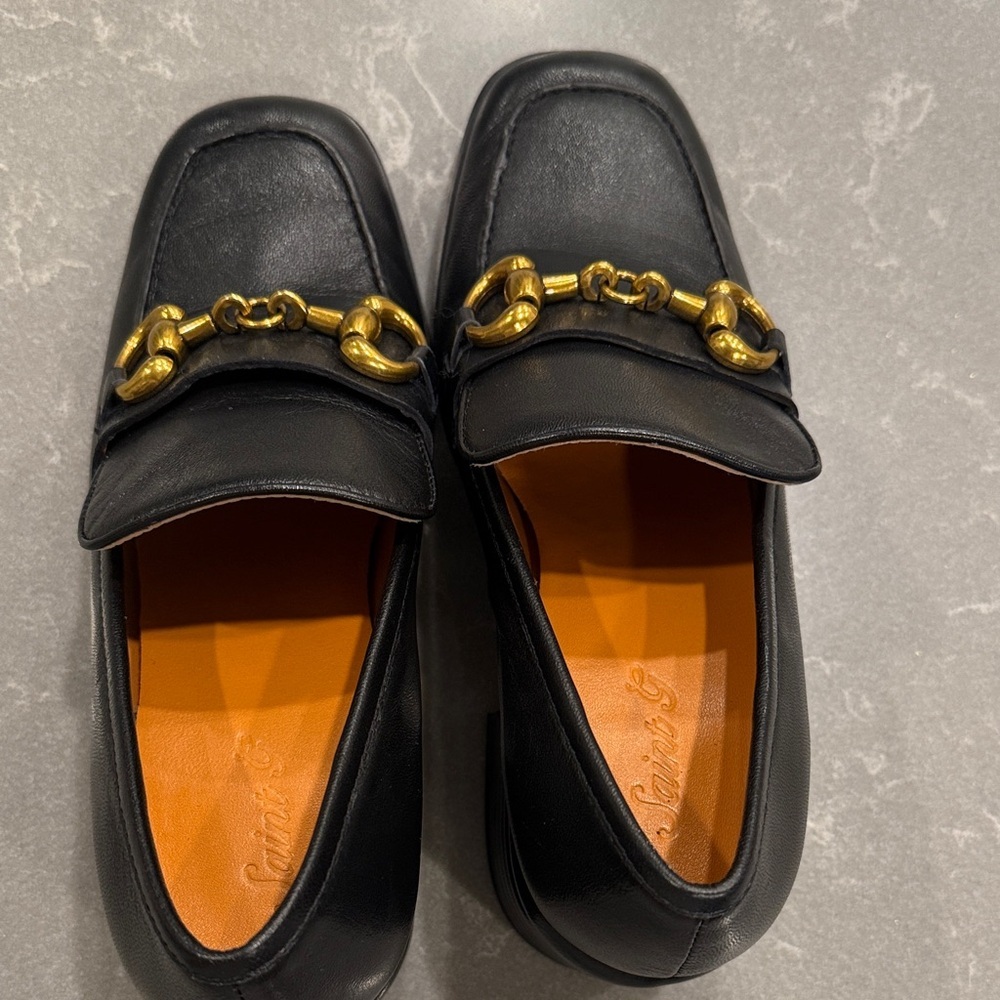 Saint Grace Black Leather Heeled Loafers with Gold Hardware - Picture 5 of 8